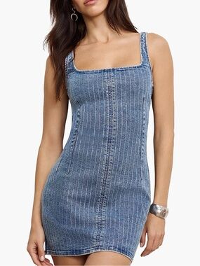 NWT Good American Blue Pinstripe Denim Tank Dress